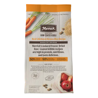 Healthy Grains Freeze-dried Raw-coated Kibble Real Chicken + Brown Rice Recipe Back of Bag