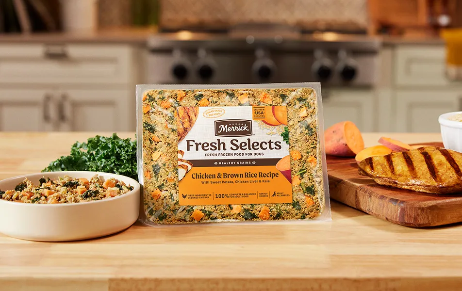 Fresh Selects Chicken and Brown Rice Recipe on counter with ingredients