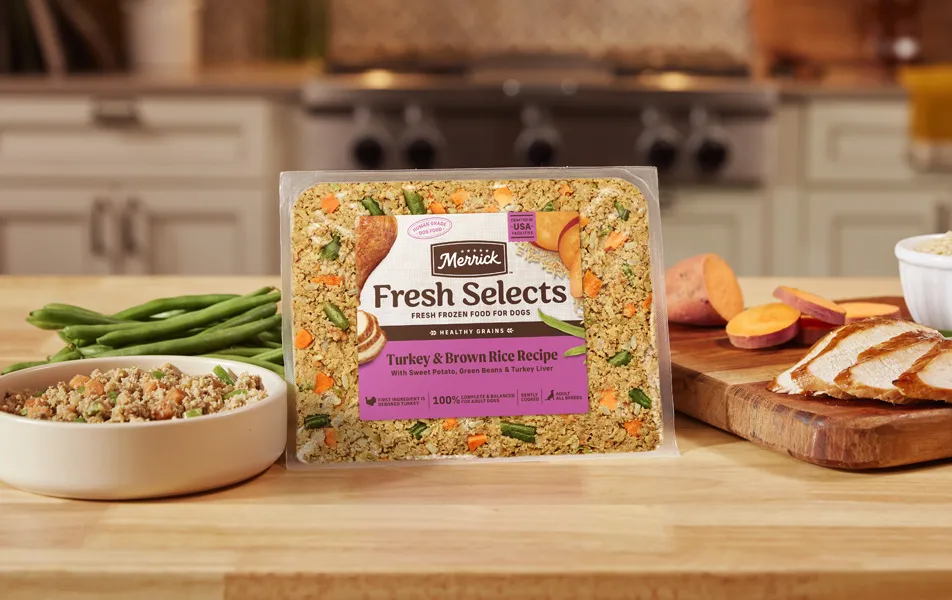 Fresh Selects Turkey and Brown Rice Recipe on counter with ingredients