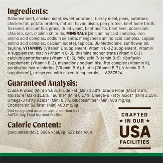 Ingredients, guaranteed analysis, calorie content