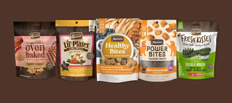 Merrick product lineup featuring Oven Baked, Lil&#039; Plates, Healthy Bites, Power Bites, and Fresh Kisses treats